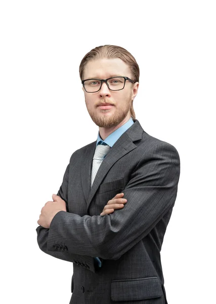 Retrato Vertical Homem Empresário Trabalhador Escritório Óculos Óculos Ficar Pose — Fotografia de Stock