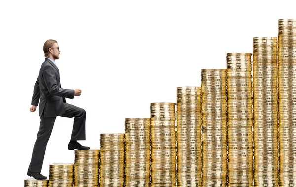 Businessman Steps Stairs Made Gold Coins Money White Background Isolated — Stock Photo, Image