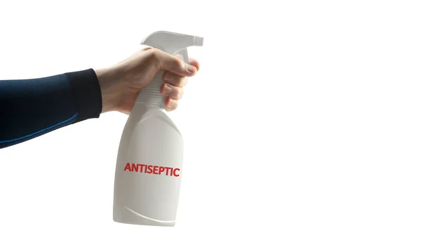 Handen Håller Pump Aerosol Saneringsbehållare Spruta Vit Plastflaska Med Rengöringsmedel — Stockfoto