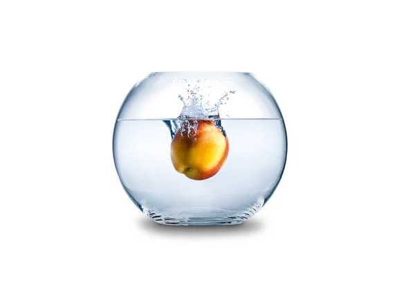 One Yellow Big Peach Fall Transparent Blue Water Splashes — Stock Photo, Image