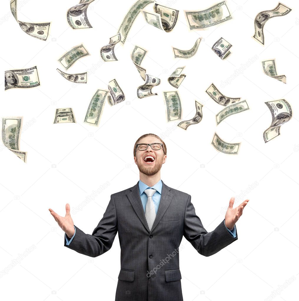 One fun businessman or office worker exults and shout with rain from money, on white background . Triumphing and winner concept.