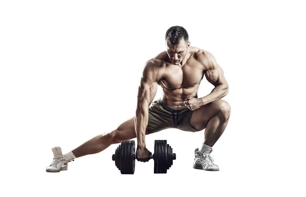 Man Bodybuilder Perform Exercise Dumbbell White Background Isolated — Stock Photo, Image