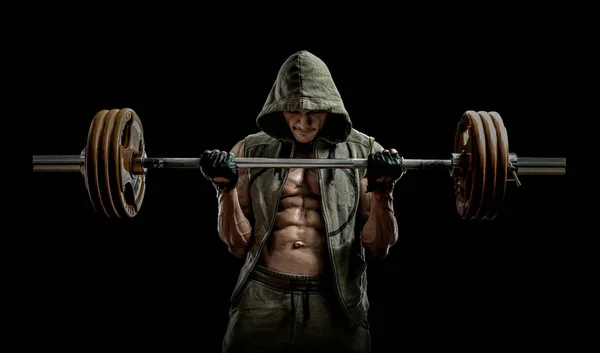 Man Bodybuilder Execute Exercise Barbell Black Background Gym Concept — Stock Photo, Image