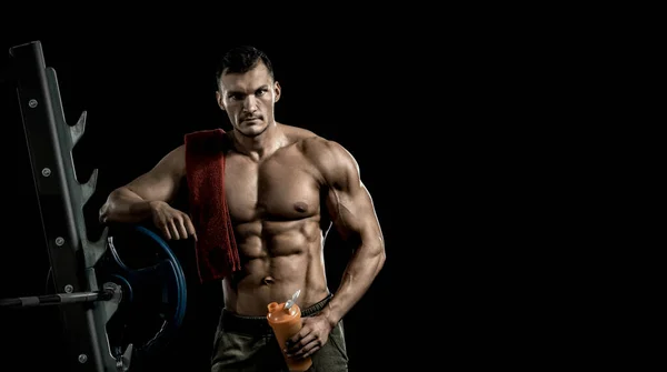 Man Bodybuilder Hold Shaker Sportive Nutrition Protein Shaker Black Background — Stock Photo, Image
