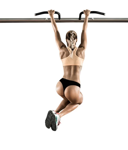 Young Fitness Woman Chin Horizontal Bar White Background Isolated — Stock Photo, Image