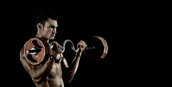 Man Bodybuilder Perform Exercise Barbell Black Background Empty Space Text — Stock Photo, Image