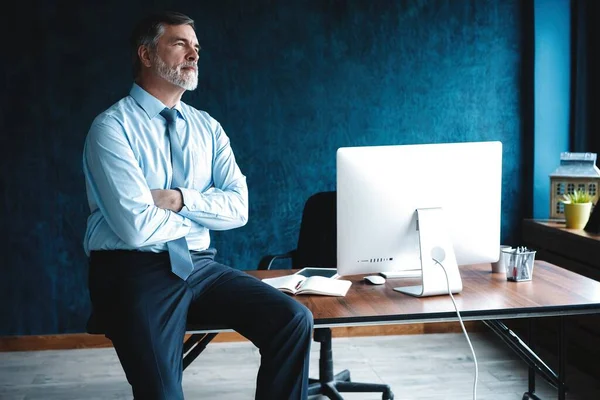 Geconcentreerd op het werk. Gericht volwassen zakenman werken en notities maken in zijn moderne kantoor. — Stockfoto