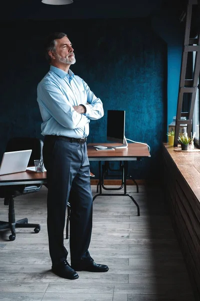 Volwassen zakenman in een corporate Suit staande in kantoor en kijk weg door grote ramen optimistisch. — Stockfoto