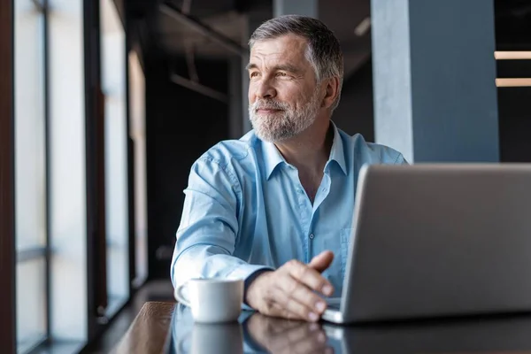 Volwassen zakenman werkt aan een laptop. Knappe volwassen business leader zittend in een modern kantoor — Stockfoto