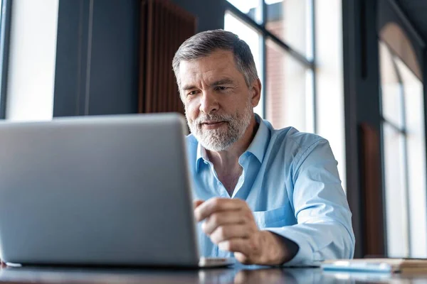 Volwassen zakenman werkt aan een laptop. Knappe volwassen business leader zittend in een modern kantoor — Stockfoto
