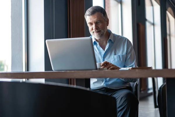 성숙 한 사업가가 노트북으로 일하고 있습니다. 현대 사무실에 앉아 있는 다루기 쉬운 장성 한 사업 지도자 — 스톡 사진