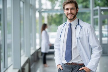 Hastanede mutlu erkek doktor portresi.