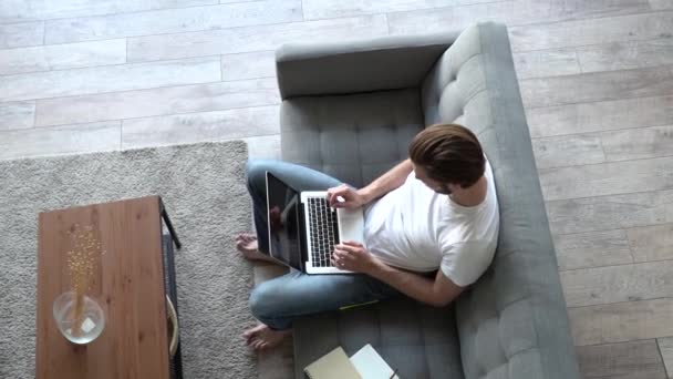 Зайнятий чоловік працює вдома, сидячи на дивані біля свого ноутбука у вітальні, роблячи дзвінок , — стокове відео