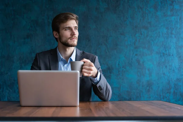 Jovem empresário feliz usando laptop em sua mesa de escritório. — Fotografia de Stock