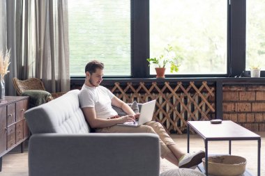 Yeni blog yazıları yazılıyor. Yakışıklı genç adam evdeki kanepede otururken bilgisayarını gülümseyerek kullanıyor..