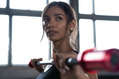 Güzel atletik vücudu olan güçlü genç bir kadın halterle egzersiz yapıyor. Fitness, vücut geliştirme.