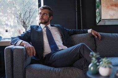 Genç ve çekici iş adamı modern ofisindeki kanepede otururken iş yapmayı düşünüyor..