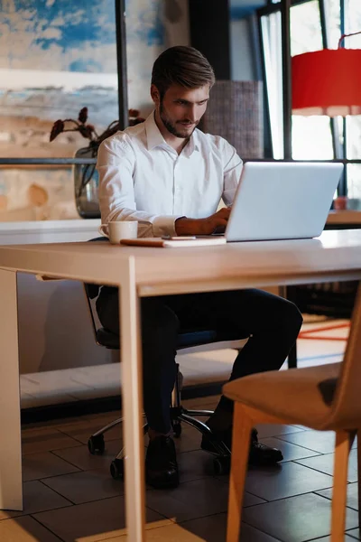 Snygg affärsman som arbetar med bärbar dator på kontoret — Stockfoto
