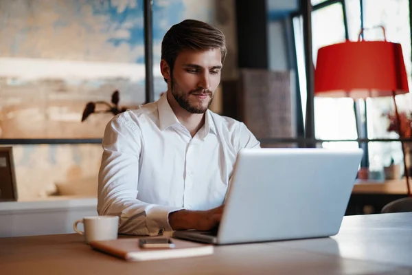 Schöner Geschäftsmann arbeitet im Büro mit Laptop — Stockfoto