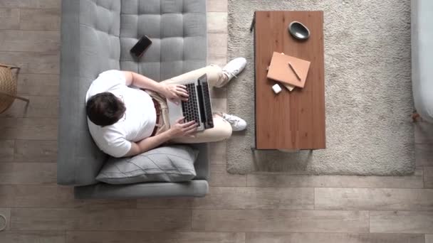 Hombre sentado en el sofá en casa, trabajando a distancia, disfruta de su trabajo, feliz de trabajar como freelancer — Vídeo de stock