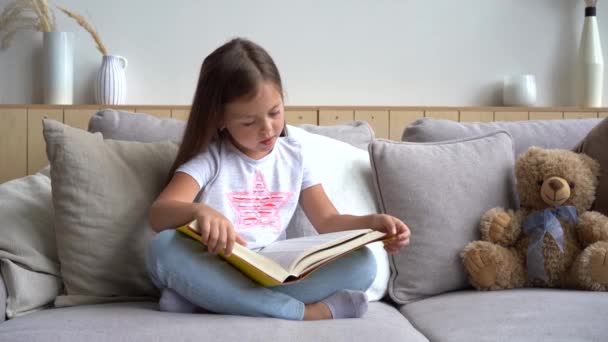 Brunette meisje zit op een bank een boek te lezen, pagina 's te draaien. — Stockvideo