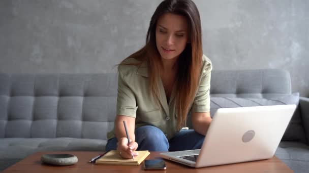 Jovem mulher trabalhando no laptop de casa. Conceito de educação à distância — Vídeo de Stock