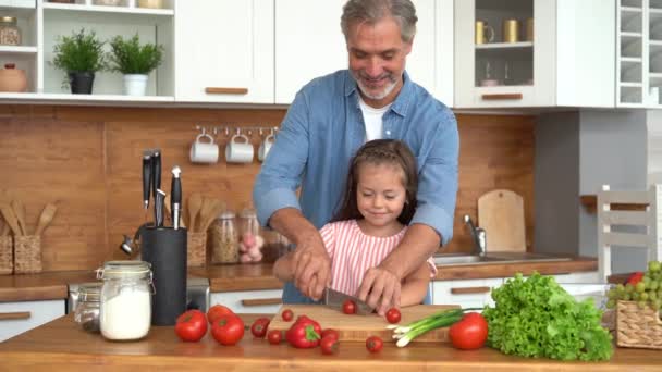 Padre enseñar lindo niño hija cortar ensalada de verduras frescas en la cocina — Vídeos de Stock