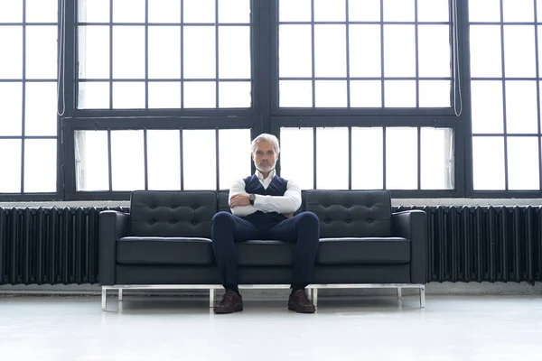 Imposing mature man in elegant suit sitting on a leather sofa in a modern luxurious interior. Fashion. Business