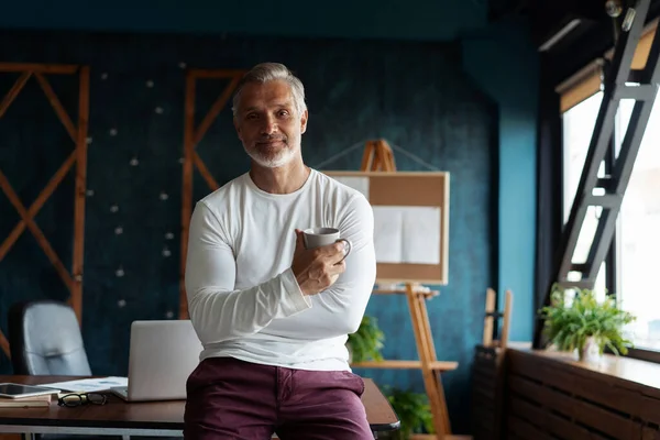 Casual Grey-haired Mature handsome businessman entrepreneur startup owner stand in modern office, posing in work space