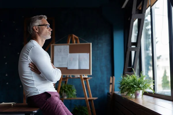 Casual de pelo gris maduro guapo empresario empresario startup stand en la oficina moderna, posando en el espacio de trabajo — Foto de Stock