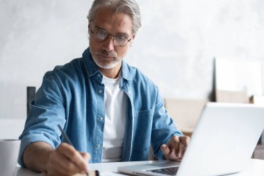 Ev ofisinden bilgisayarda çalışan orta yaşlı bir adam..