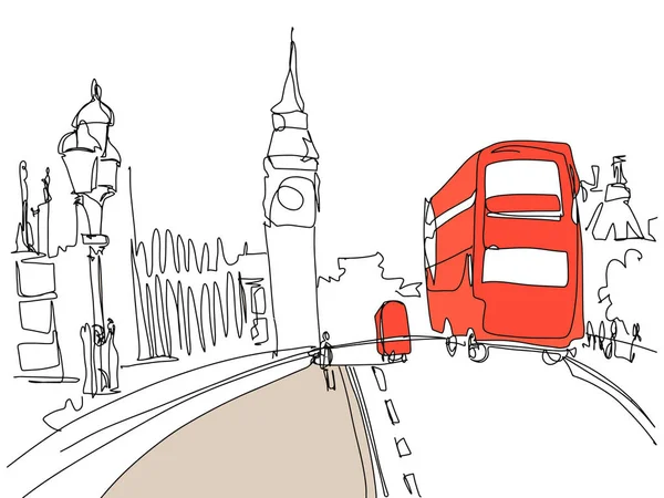 Rysunek z London Tower street z czerwonym autobusem i Big Ben — Wektor stockowy