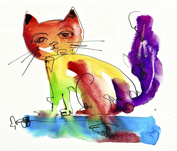 Watercolor hand drawing of cat — Stock Photo, Image