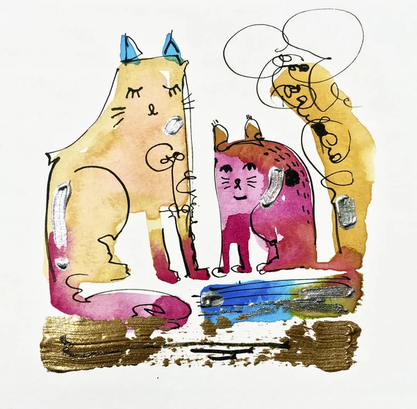 Dłoń akwarela, rysunek kota — Zdjęcie stockowe