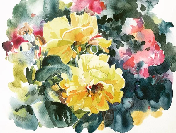 Yellow roses hand painting watercolor artwork — Stock Photo, Image