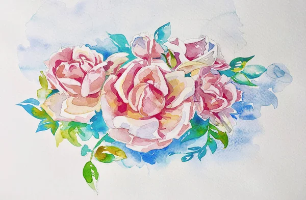 Pink roses handmade watercolor painting — Stock Photo, Image