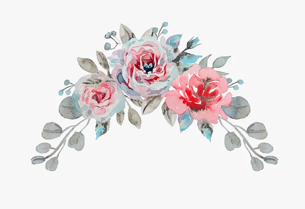 手工水彩花束-玫瑰, 甘菊和流行音乐 — 图库照片