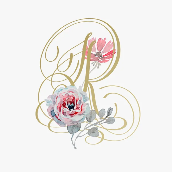 手作りのバラの花と黄金の手文字フォント — ストックベクタ