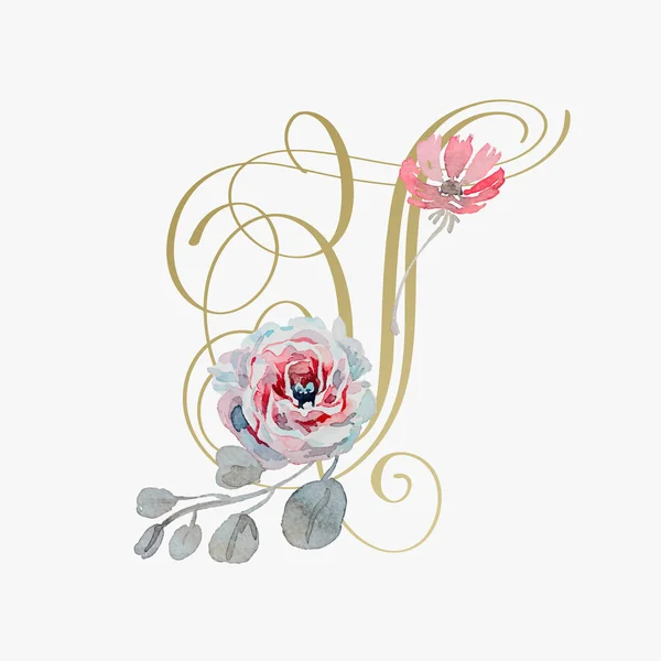 Golden hand lettering fonte com flor de rosa artesanal — Vetor de Stock
