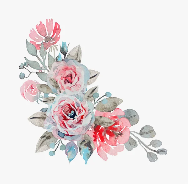 Bouquet acquerello fatto a mano di fiori rosa, camomilla e pop — Foto Stock