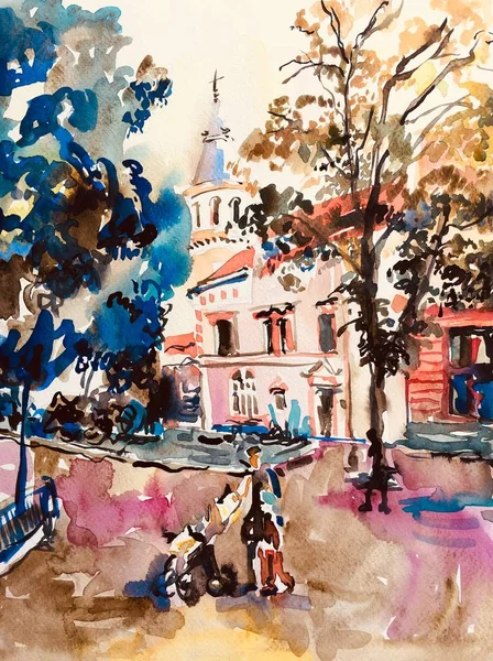 Avrupa eski kasaba cityscape pleinair suluboya resim — Stok fotoğraf