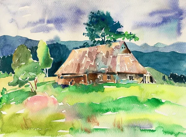 Original handgefertigte Aquarellmalerei Illustration, Pleinair nass — Stockfoto