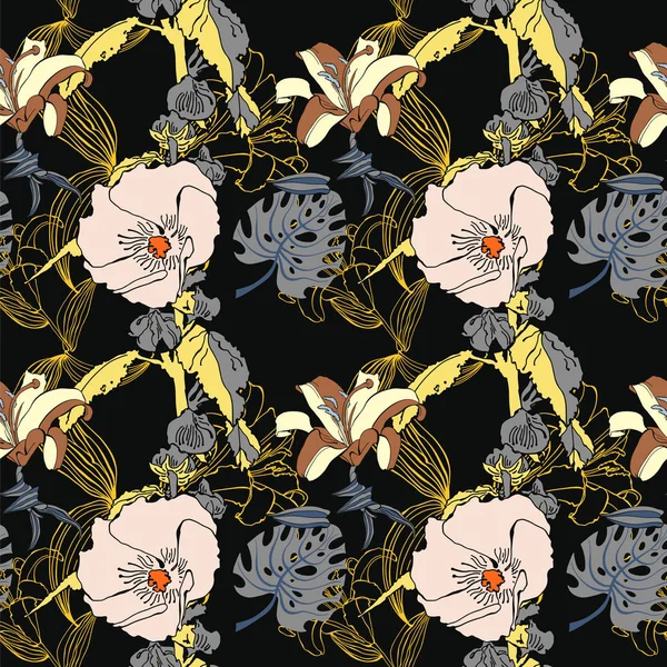Original seamless artistic flower pattern, beautiful tropical fl — Stock Vector