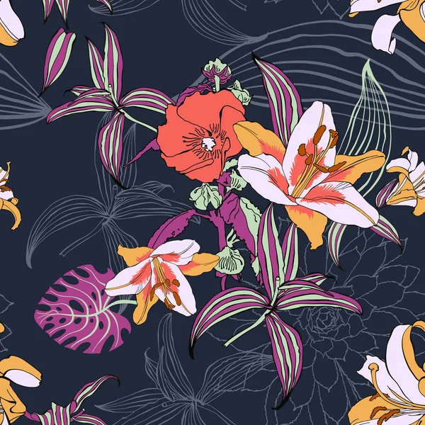 Original patrón de flores artísticas sin costuras de moda — Vector de stock