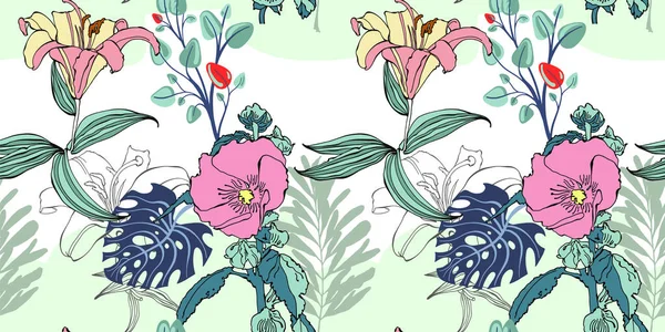 Modèle de fleur artistique sans couture tendance originale — Image vectorielle