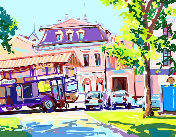 Pintura digital de dia ensolarado na cidade, verão contemporâneo a — Vetor de Stock