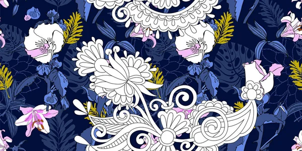 Original patrón de flores artísticas sin costuras de moda, hermoso trop — Vector de stock