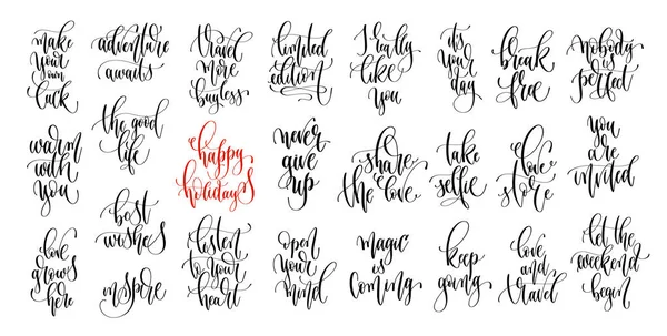 Set of 25 hand lettering positive quotes isolated on white, moti — Stock Vector