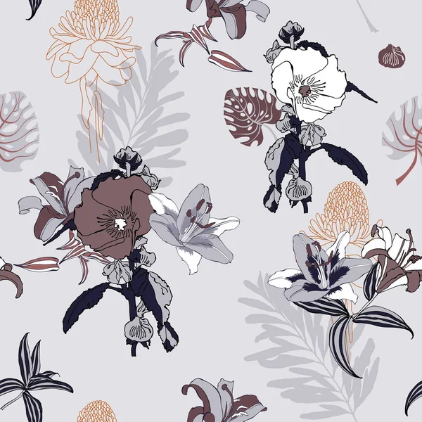 Πρωτότυπα μοντέρνα απρόσκοπτη καλλιτεχνική λουλούδι μοτίβο, όμορφη trop — Διανυσματικό Αρχείο