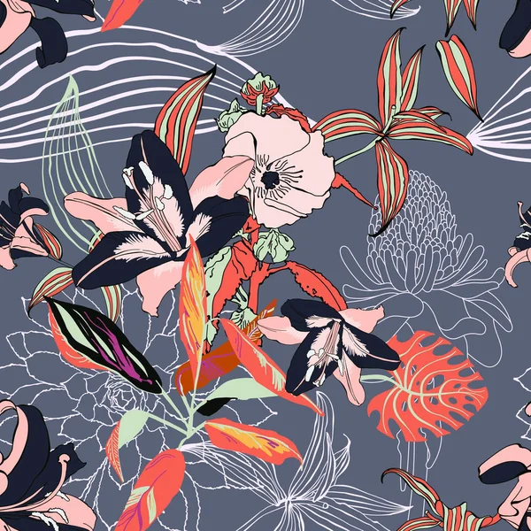 Original motif de fleurs artistiques sans couture à la mode, belle trop — Image vectorielle